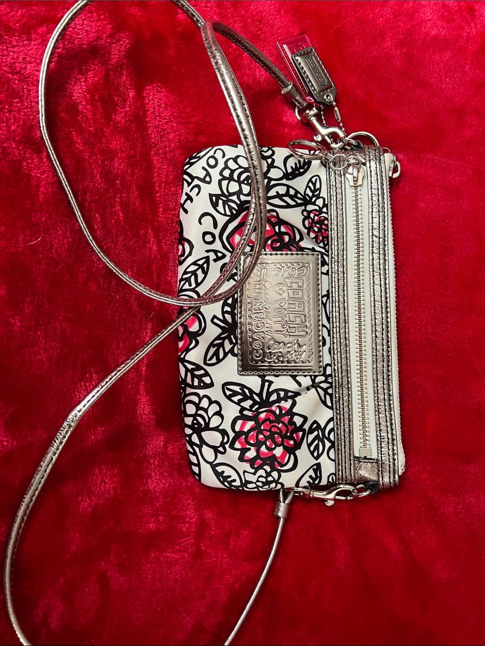 Coach Floral Crossbody Wristlet in White with Metallic Silver Trim